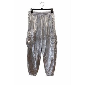 Silver Metallic Cargo Jogger Pants Womens Large Elastic Waist Streetwear